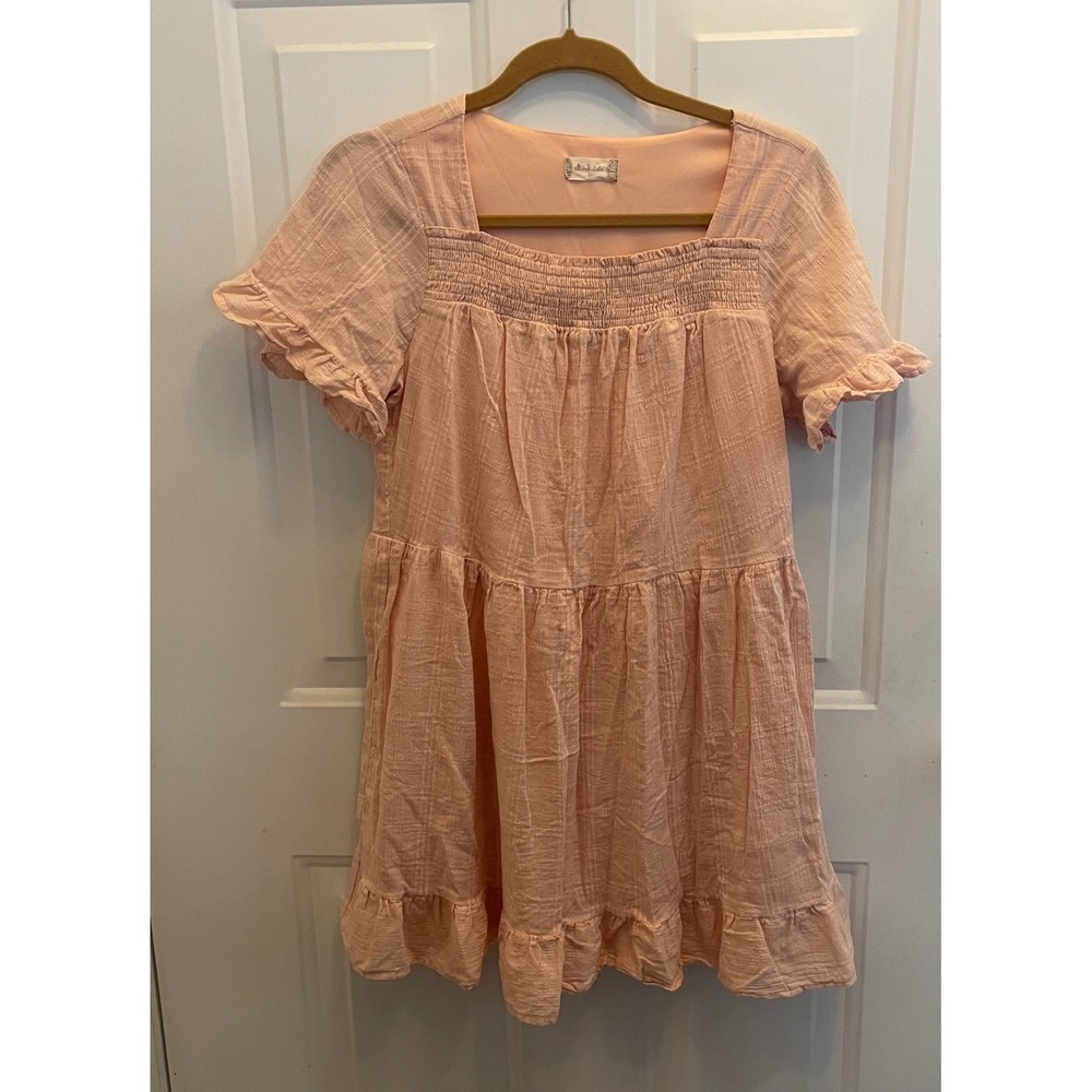 Altar'd State Peach Smocked Babydoll Mini Dress Short Sleeve Ruffle S - Picture 2 of 7